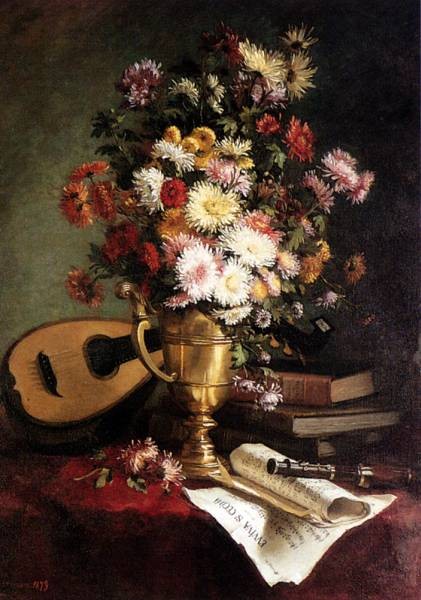 Dahlias In A Brass Ewer With A Mandolin Books And A Clarinet On A Table